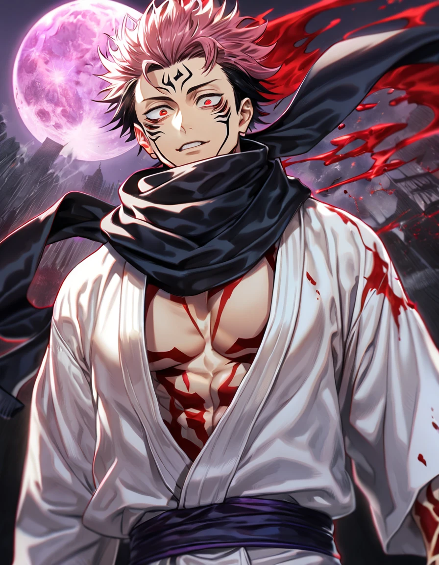 absurdres, highres, ultra detailed, HDR, masterpiece, best quality, Ryomen Sukuna, black hair, expressive red eyes, Jujutsu Kaisen, solo, sexy man, handsome, black scarf, white kimono, red blood water, purple moon, magical, pink hairs, yuji Itadori's body takeover