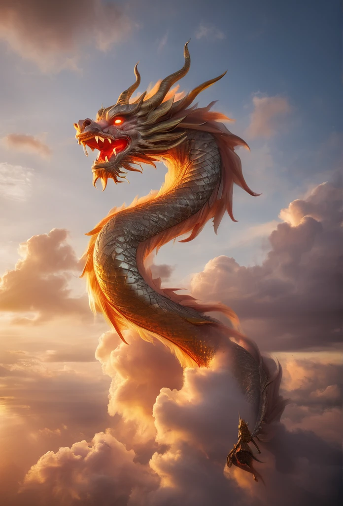 Cloud that looks like a Chinese Dragon illuminated by the rays of the setting sun