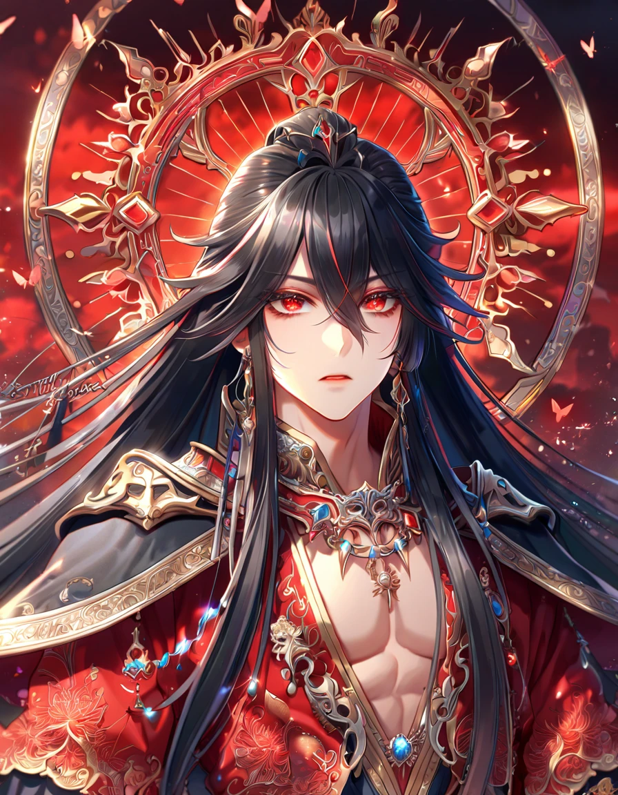 absurdres, highres, ultra detailed, HDR, master piece, best quality, extremely detailed face, delicated features, Xue Yu, untamed spiky hair, black long hair, hair between the eyes, expressive red eyes, Thousand Years War, solo, sexy man, handsome, toned chest, black cape, red robes, accessories, patterns, red sky, red butterflies, red spider lilies, fantasy, magical, radiant, envy magical