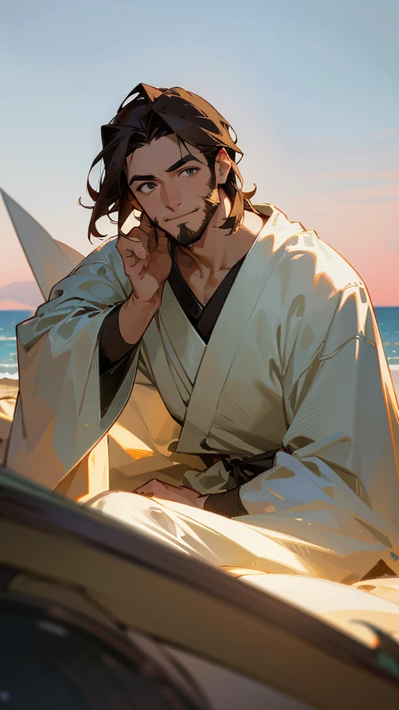 Create an anime-style image of a 30-year-old man with very short dark brown hair. He has small eyes, a large forehead, a round and fuller face with prominent cheeks, and a neatly trimmed beard. His skin is white, and he has a solid, non-skinny build. Importantly, he has a small chin.He is in a selfie pose, with a 50mm camera capturing a close and natural angle. The lighting is soft and diffuse to highlight facial details, using adjustable LED lights or diffused light panels to avoid harsh shadows. The setting is tranquil and symbolic, such as a garden at sunset or a beach at dusk, complementing the contemplative theme of the scene.Position the camera at a slightly elevated angle to capture both the man's and Jesus' faces in a balanced manner. Focus should emphasize the eyes and facial details of both characters, ensuring they are sharp and well-defined in the image.The man should have a natural and casual selfie pose, with a gentle smile of contemplation as he looks towards the horizon. Next to him, Jesus can have a serene expression, also facing the horizon.