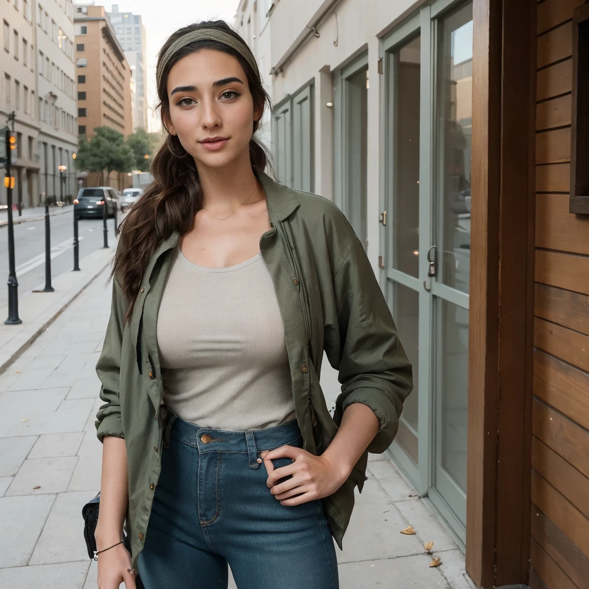 Extremely busty thin and toned brunette photographer, college girl, fair skin, loose ponytail, soft face, athletic, bandana babushka headwrap, tight olive green casual windbreaker, skinny jeans. standing in front of her apartment building, outdoors, city, camera bag, cleavage 