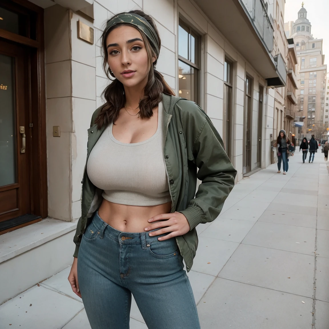 Extremely busty thin and toned brunette photographer, college girl, fair skin, loose ponytail, soft face, athletic, bandana babushka headwrap, tight olive green casual windbreaker, skinny jeans. standing in front of her apartment building, outdoors, city, camera bag, cleavage