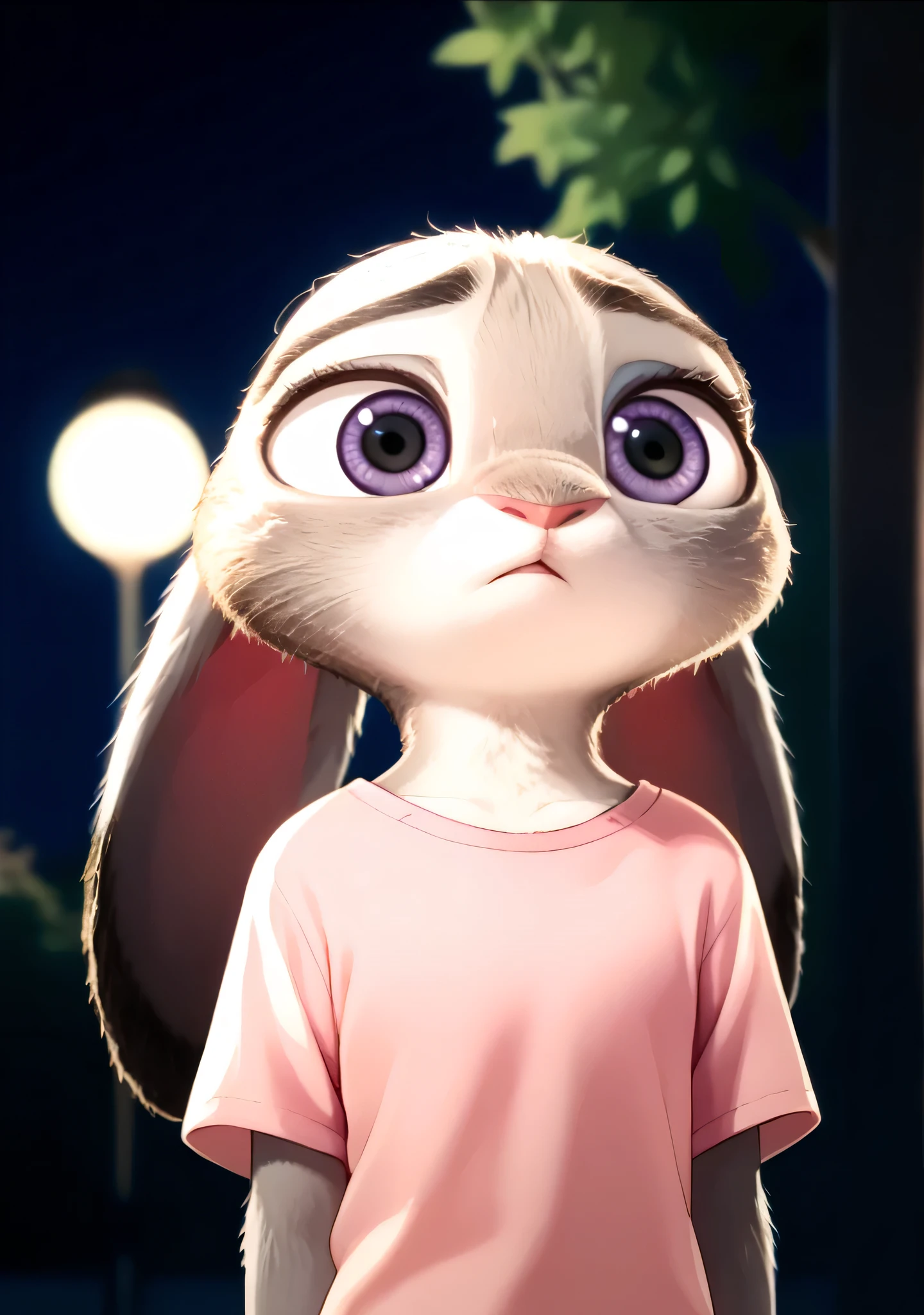score_9, score_8_up, score_7_up, score_6_up, source_furry, judyhopps confused, dark, night, backlighting, solo, pink shirt, jeans, arms at sides, front view, portrait