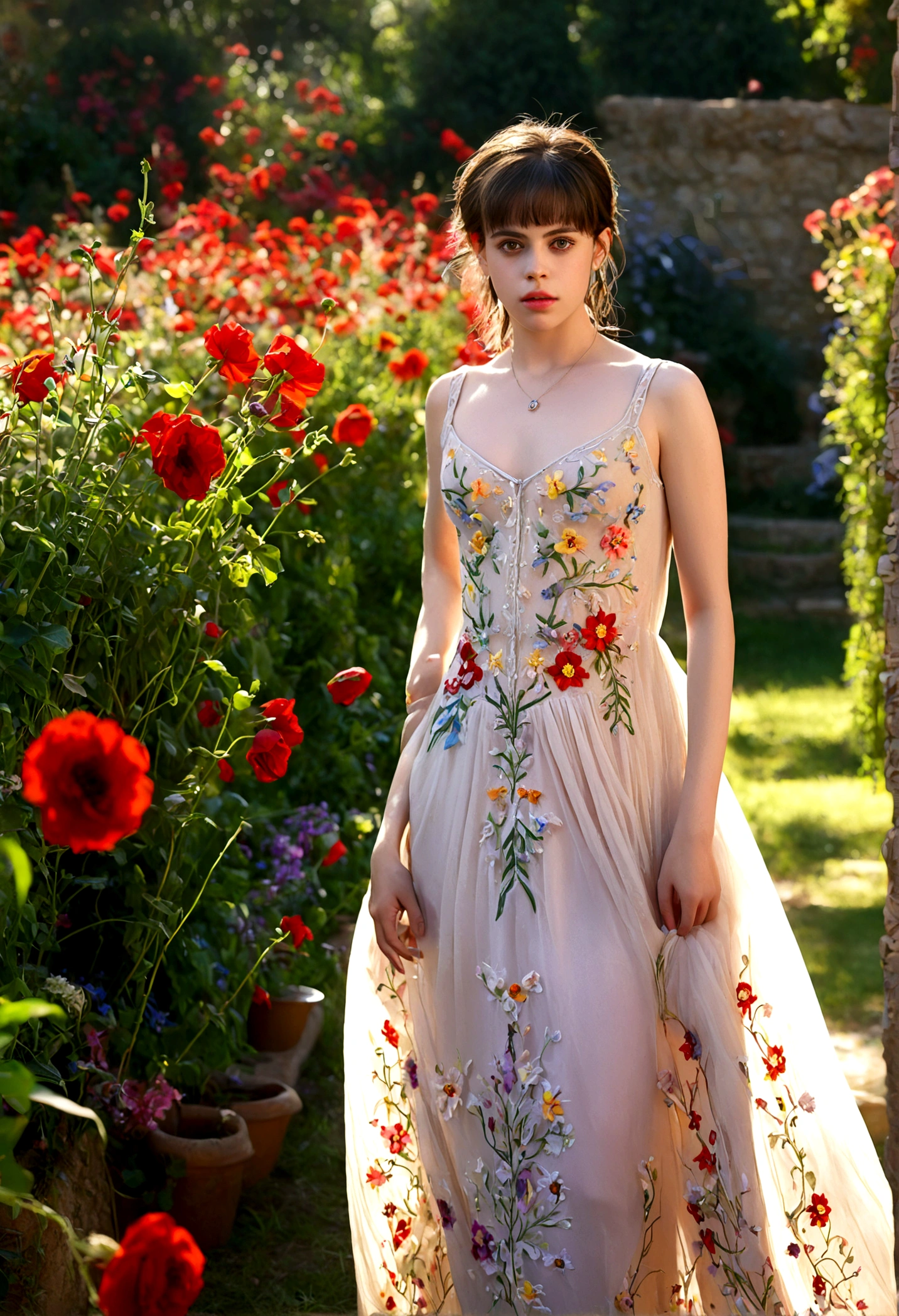 1girl, Fairuza Balk (age 18), stunning detailed eyes, sheer airy gown with flower embroidery, nude underneath, walking through a well tended flower garden, midday, full body shot, 1990s, (best quality,4k,8k,highres,masterpiece:1.2),ultra-detailed,(realistic,photorealistic,photo-realistic:1.37),HDR,UHR,studio lighting, ultra-fine painting,sharp focus,physically-based rendering,extreme detail description,professional,vivid colors,bokeh,portrait