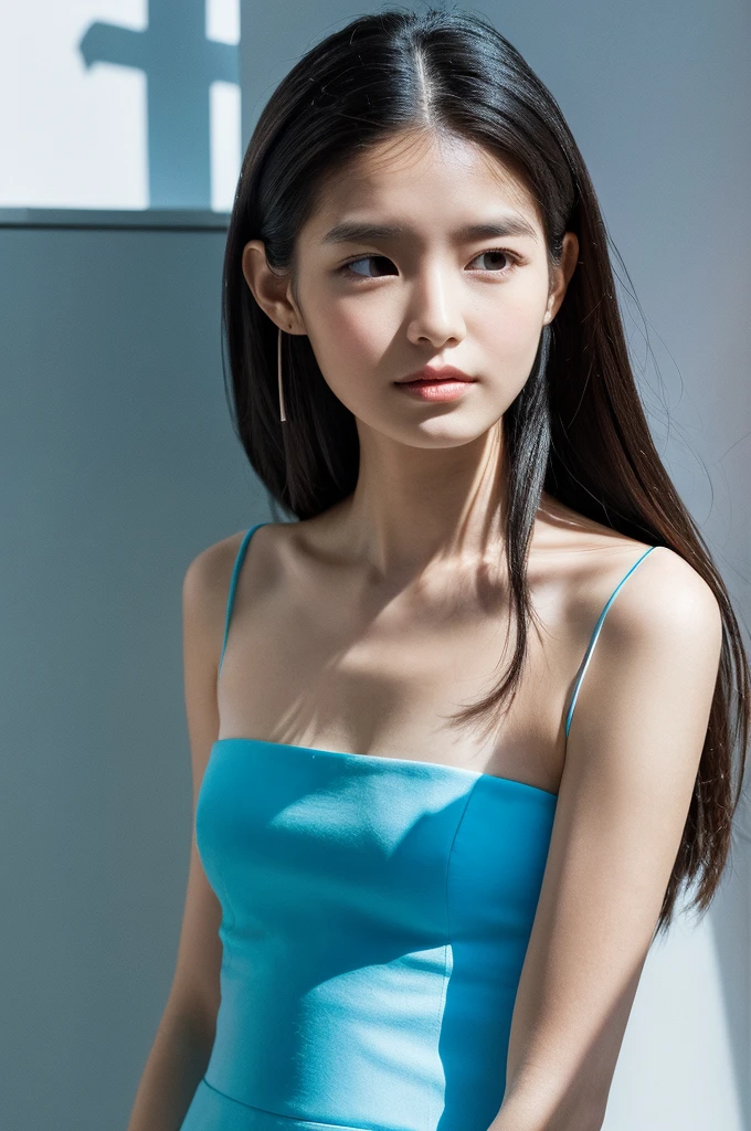 girl with a perfect figure and blue designer dress,long hair, high contrast (Natural skin texture, Hyperrealism, Soft Ligh, sharp)