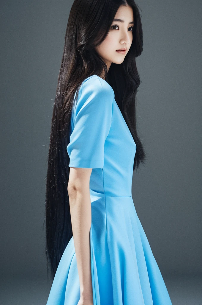 girl with a perfect figure and blue designer dress,long hair, high contrast (Natural skin texture, Hyperrealism, Soft Ligh, sharp)