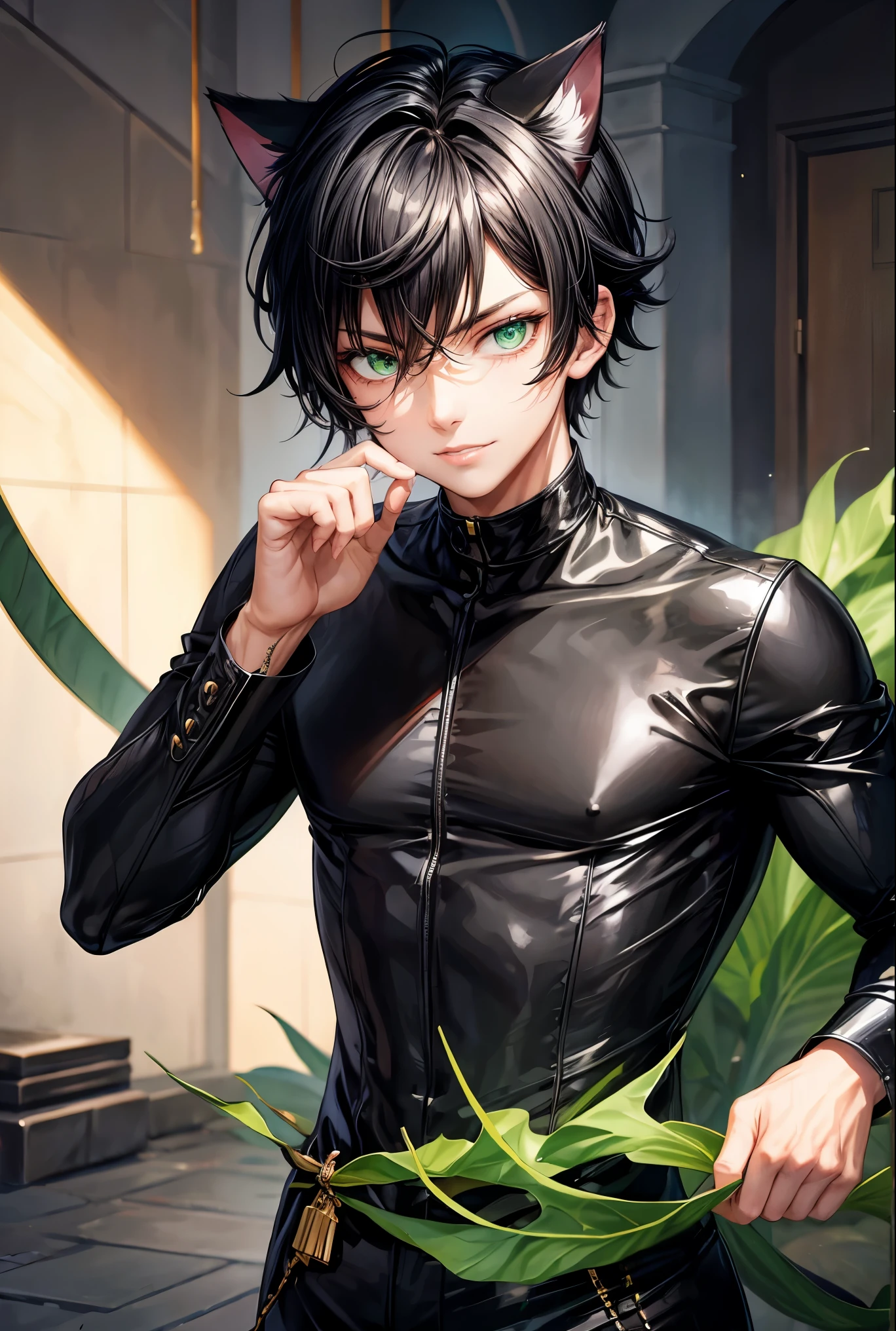 One boy, Shiny black hair, Green Eyes, Big, pointy cat ears, Cat's Tail, Grinning and staring at the viewer, Mountainous Regions, sunrise, 4K resolution