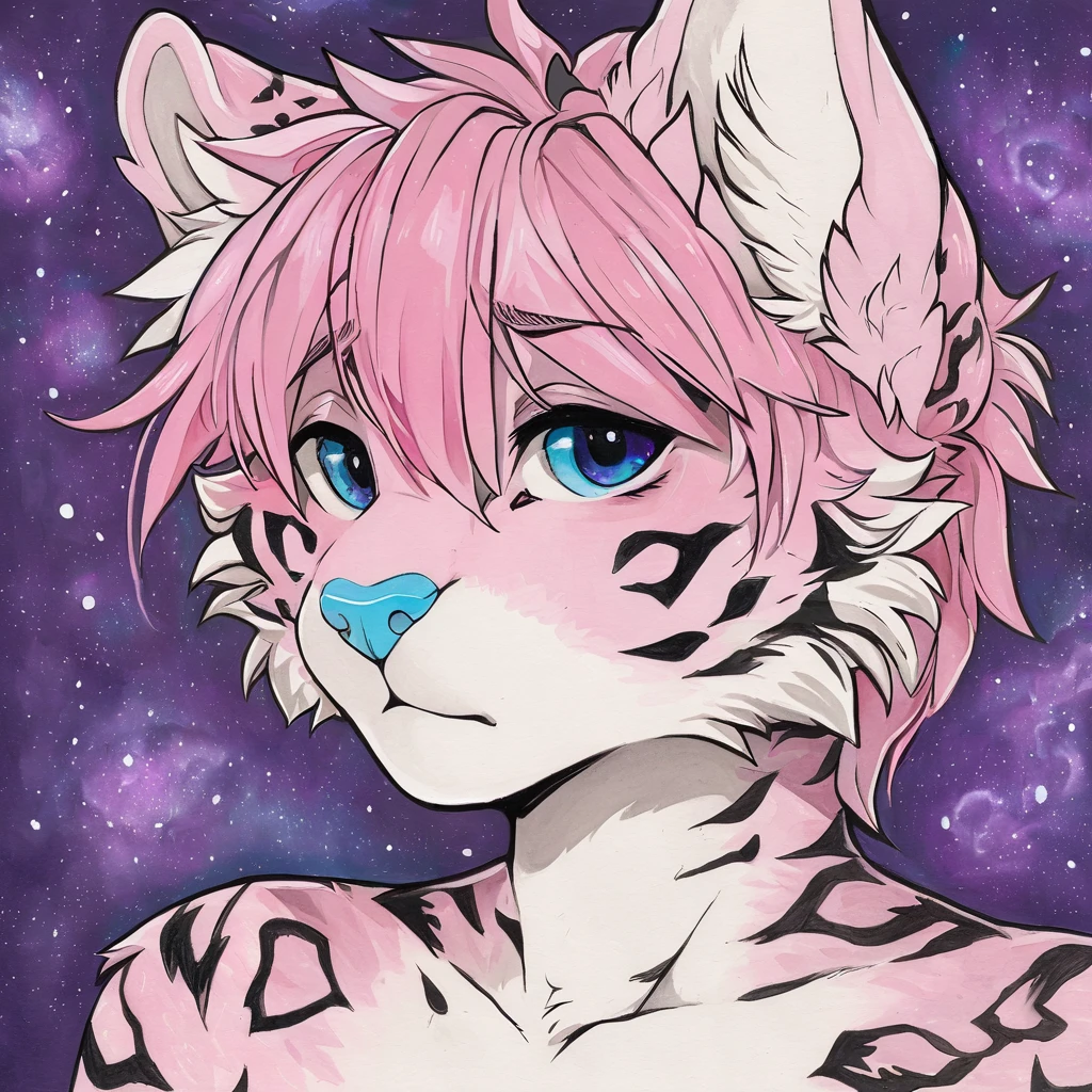 Single, solo, adult, feline, mammal, anthro, anthropomorphic, snow_leopard, cat, striped_feline, fur, furred_anthro, fluffy_tail, femboy, male, bangs, ear_tufts, blue_nose, hair_tuft, hair_between_eyes, long_tail, fluffy, feline_ears, expressive_eyes, purple_hair, purple_galaxy, purple_galaxy_background, light, looking_at_viewer, pink_hair, pink_fur, shy, small_pupils, spotted_pattern, stripes, tail, tiger_stripes, traditional_art, hand-drawn, pencil_lines, ink_details, natural_imperfections, brush_strokes, textured_shading, detailed_line_work, high_resolution, background, head_visible, neck_visible, profile_picture, seductive_face, headshot, close_up