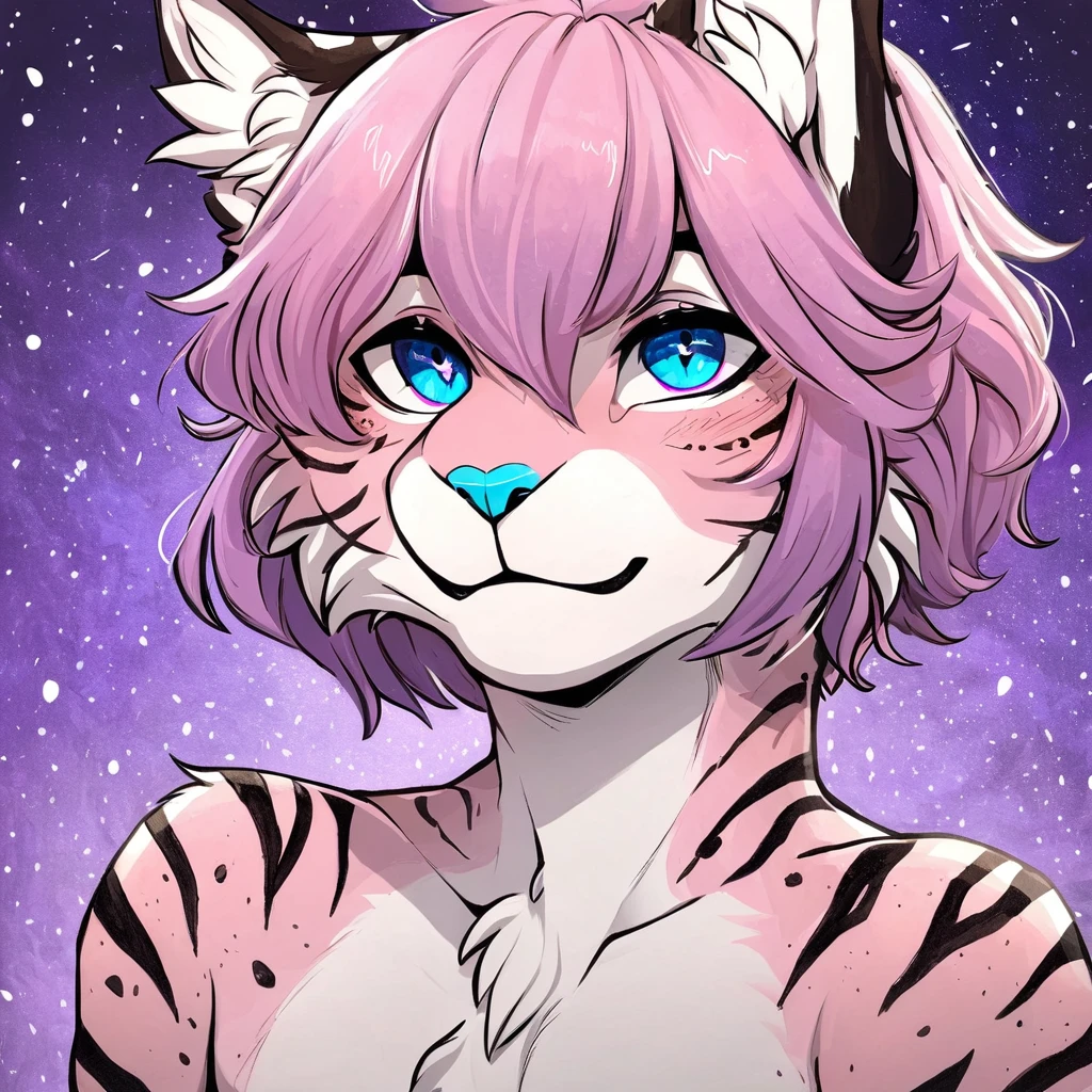 Single, solo, adult, feline, mammal, anthro, anthropomorphic, snow_leopard, cat, striped_feline, fur, furred_anthro, fluffy_tail, femboy, male, bangs, ear_tufts, blue_nose, hair_tuft, hair_between_eyes, long_tail, fluffy, feline_ears, expressive_eyes, purple_hair, purple_galaxy, purple_galaxy_background, light, looking_at_viewer, pink_hair, pink_fur, shy, small_pupils, spotted_pattern, stripes, tail, tiger_stripes, traditional_art, hand-drawn, pencil_lines, ink_details, natural_imperfections, brush_strokes, textured_shading, detailed_line_work, high_resolution, background, head_visible, neck_visible, profile_picture, seductive_face, headshot, close_up