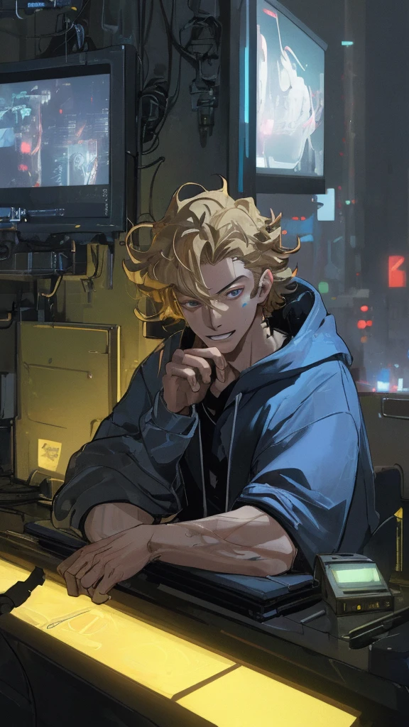 a hacker late ager boy, cyberpunk, young boy, sexy, blonde hair, blue hoodie, detailed face, sharp eyes, beautiful boy, pretty face, sexy, curly hair, smirk, glowing computer screens, neon city lights, futuristic technology, moody lighting, cinematic atmosphere, dark colors, gritty urban environment, realistic 3D render, (best quality,4k,8k,highres,masterpiece:1.2),ultra-detailed,(realistic,photorealistic,photo-realistic:1.37)