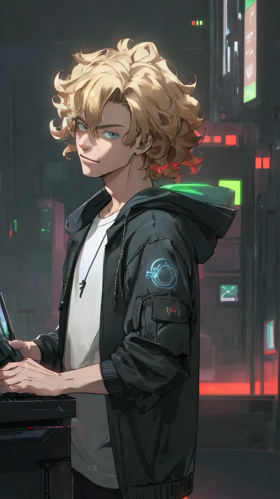 a hacker late teenager boy, cyberpunk, young boy, sexy, blonde hair, blue hoodie, detailed face, sharp eyes, beautiful boy, pretty face, sexy, curly hair, smirk, glowing computer screens, neon city lights, futuristic technology, moody lighting, cinematic atmosphere, dark colors, gritty urban environment, realistic 3D render, (best quality,4k,8k,highres,masterpiece:1.2),ultra-detailed,(realistic,photorealistic,photo-realistic:1.37)