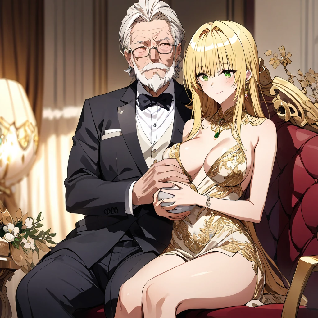 ((Highest quality)), ((masterpiece)), (detailed), （Perfect Face）、The woman is a thief with green eyes, medium-long blonde hair, and is wearing a luxurious dress with gold embroidery and trim, jeweled earrings, and an engagement ring.、The woman is sitting close to the man on a luxurious sofa in a luxurious room, the couple sitting side by side、The man is a dignified, bearded old man, extremely wealthy, wearing an expensive suit with lavish gold embroidery and trim, and wearing an engagement ring.、The woman is holding her 