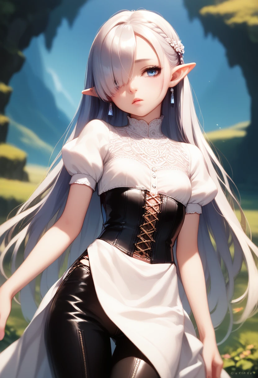 elegant fantasy portrait of a half-elf girl, detailed skin and cloth textures, beautiful detailed face, intricate details, extremely detailed, 1girl, pale skin, short stature, very long silver hair that curls at the ends, small breasts, pouty lips, dynamic pose with hair covering one eye, bright blue anime-style eyes with long lashes, shy personality, wearing a leather corset, white puffy-sleeved shirt, and poufy cloth pants tucked into boots, windy fantasy landscape, best quality, 8k, masterpiece