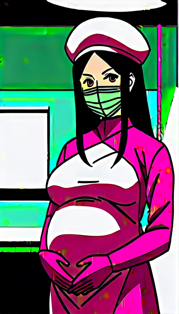 score_9, score_8_up, score_7_up, source_anime, raw image, masterpiece, highest quality, kasuganoray, pale skin, worried eyes, sweating, long black hair, big breasts, see tits, scrubs, surgical mask, surgical cap, long sleeve maternity dress, seamless, tits, navel head,
1girl, pregnant, solo, long rubber gloves, looking down, furrowed brow, hospital bed, light shines from the ceiling, standing, patient room background, the picture tells the story of a pregnant woman who has abdominal pain close to giving birth,