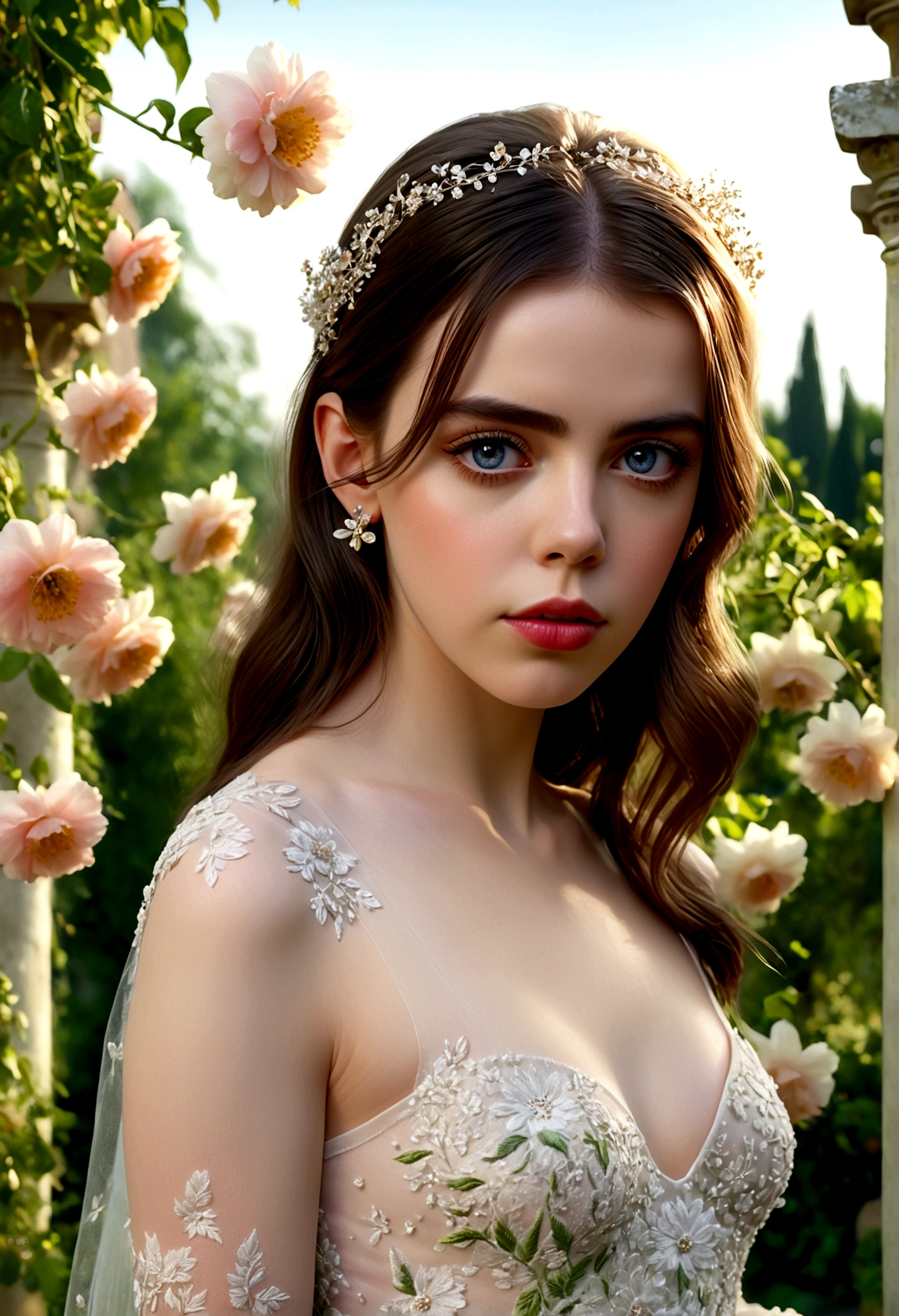 1girl, Fairuza Balk (age 18), stunning detailed eyes, sheer airy gown with flower embroidery, nude underneath, walking through a well tended flower garden, midday, full body shot, 1990s, (best quality,4k,8k,highres,masterpiece:1.2),ultra-detailed,(realistic,photorealistic,photo-realistic:1.37),HDR,UHR,studio lighting, ultra-fine painting,sharp focus,physically-based rendering,extreme detail description,professional,vivid colors,bokeh,portrait