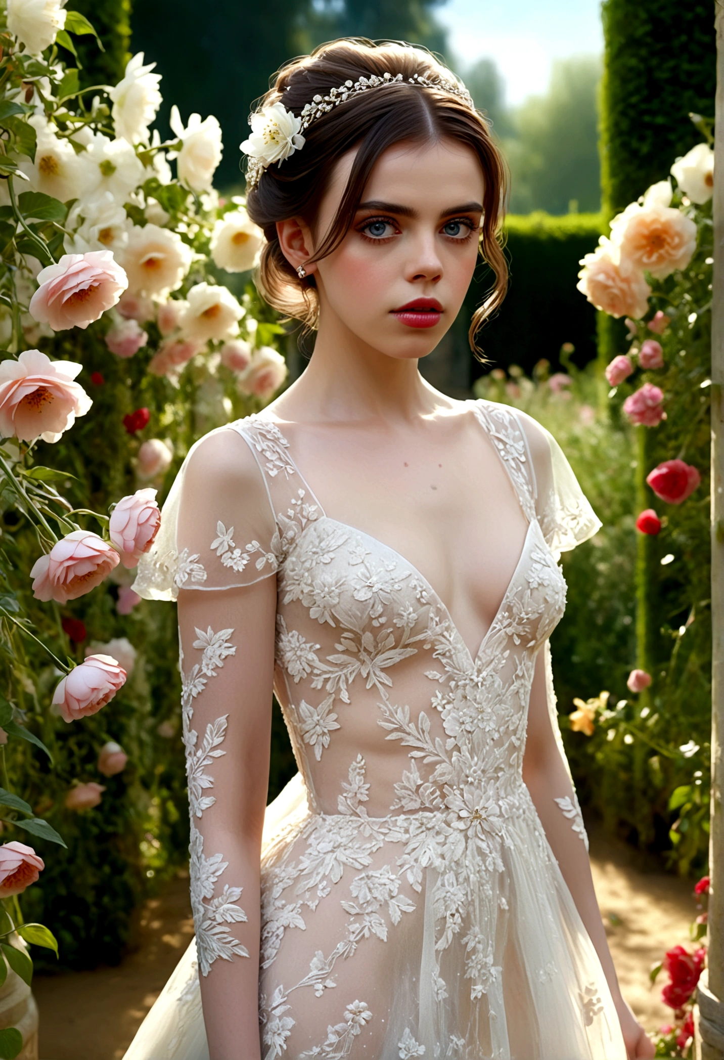 1girl, Fairuza Balk (age 18), stunning detailed eyes, sheer airy gown with flower embroidery open down the middle concealing very little, nude underneath, walking through a well tended flower garden, midday, sultry poses, open legs, full body shot, 1990s, (best quality,4k,8k,highres,masterpiece:1.2),ultra-detailed,(realistic,photorealistic,photo-realistic:1.37),HDR,UHR,studio lighting, ultra-fine painting,sharp focus,physically-based rendering,extreme detail description,professional,vivid colors,bokeh,portrait
