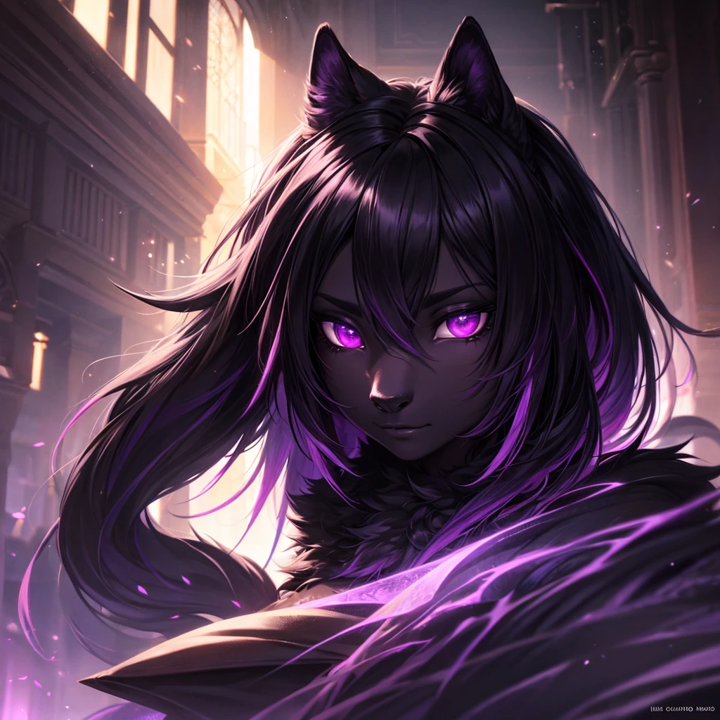 A black furry creature with glowing black hair and violet tips, hyperrealistic, 8k, extremely detailed, intricate, vibrant colors, chiaroscuro lighting, cinematic, dark fantasy