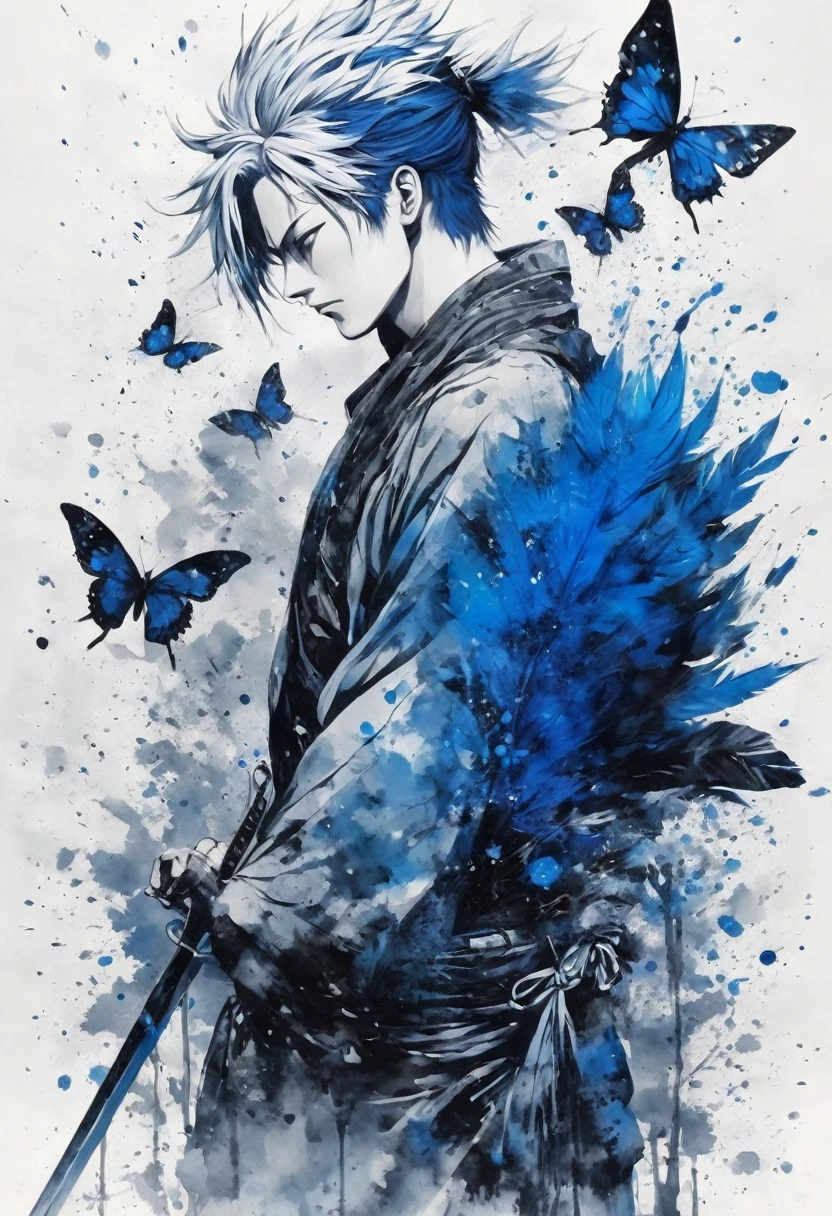 Ink and ink painting,Black and white painting,splash,Beautiful detailed glass hair,Jujutsu Kaisen,Itadori Yuuji,samurai armor,(Blue Butterfly々,Feather powder),