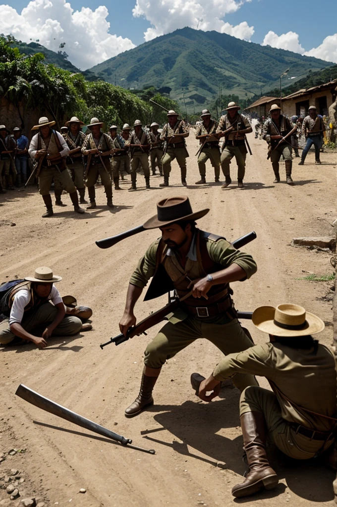 Image that represents the history of Colombia, with weapons and peasants fighting, with narcos and politics crushing the Colombian economy