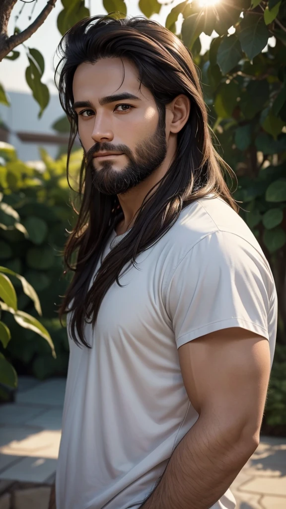 Create an anime-style image of a 30-year-old man with very short dark brown hair. He has small eyes, a large forehead, a round and fuller face with prominent cheeks, and a neatly trimmed beard. His skin is white, and he has a solid, non-skinny build. Importantly, he has a small chin.He is in a selfie pose, with a 50mm camera capturing a close and natural angle. The lighting is soft and diffuse to highlight facial details, using adjustable LED lights or diffused light panels to avoid harsh shadows. The setting is tranquil and symbolic, such as a garden at sunset or a beach at dusk, complementing the contemplative theme of the scene.Position the camera at a slightly elevated angle to capture both the man's and Jesus' faces in a balanced manner. Focus should emphasize the eyes and facial details of both characters, ensuring they are sharp and well-defined in the image.The man should have a natural and casual selfie pose, with a gentle smile of contemplation as he looks towards the horizon. Next to him, Jesus can have a serene expression, also facing the horizon.