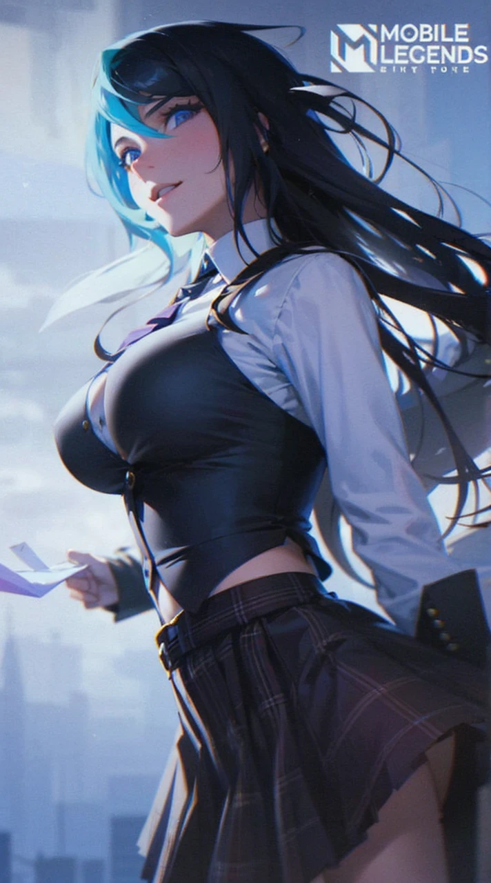 1girl, black_skirt, blue_hair, building, city, cityscape, hair_between_eyes, jacket, looking_at_viewer, medium_hair, multicolored_hair, multiple_boys, night, off_shoulder, outdoors, pleated_skirt, road, shirt, skirt, skyscraper, smile, solo_focus, street, white_shirt