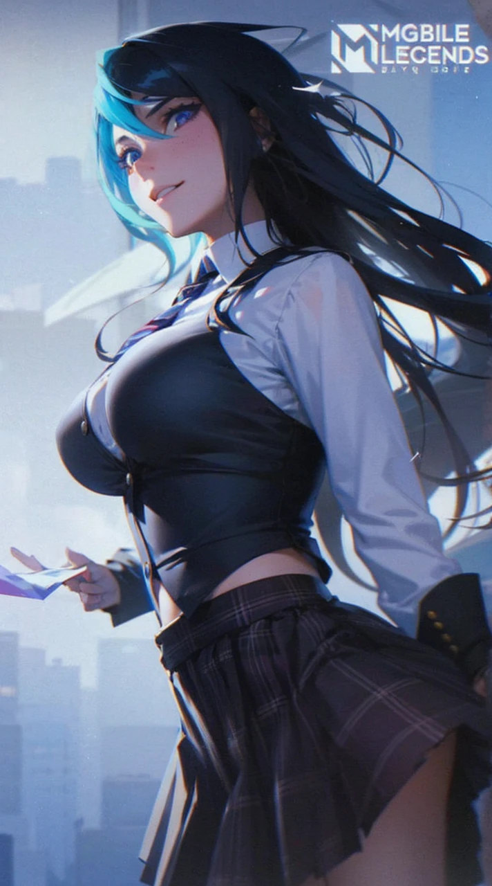 1girl, black_skirt, blue_hair, building, city, cityscape, hair_between_eyes, jacket, looking_at_viewer, medium_hair, multicolored_hair, multiple_boys, night, off_shoulder, outdoors, pleated_skirt, road, shirt, skirt, skyscraper, smile, solo_focus, street, white_shirt