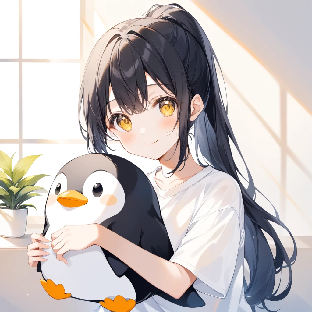cute、girl、Yellow Eyes、Round eyes、Black hair with yellow tips、ponytail、White T-shirt、Only the mouth is smiling、Holding a stuffed penguin、