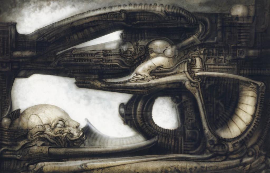 The image is a detailed view of H.R. Giger's biomechanical tableau \" Landscape XVI \" plate, featuring.
(airbrush painting, Giger's alien in front of broken alien ship in landscape, natural light, sharp focus, illustration, highly detailed, digital painting, concept art, matte, art by gric and kozhanov and moebius and Alphonse Mucha, masterpiece, HDR ,UHD , uplight, in HRGigerArhP style);1.
surrealistic painting of a monster with multiple tentacles and a body that looks like a brain, surrounded by a chaotic scene of swirling clouds and other monsters
It's a complex network of bones and organs in eldritch color scheme:a greenish-brown hue ,swirling gery and brown colors. The artwork is silverish and green brown, with an ivory bones prominently displayed. The image is highly detailed and intricate, almost like a 3d version of a medical sketchwork.
The piece is a tableau, most likely created with a India ink pen or pencil on paper, determined by the thin lines, shading techniques, and the texture of the paper, which is visible around the edges.
Used is pen, given the shading and variations in line weight visible in the image. Artist have used a variety of stylus with different degrees of hardness to achieve the shading effects.
The use of undersaturated green-grays dark contrasts creates a stark and graphic look. Is used a variety of linework techniques to create different textures. Fine, parallel lines create a smooth, metallic texture,while thicker, more cursive lines suggest cables or wires.
Light source from the top highlights skeletals, pper part of foreground, lower part of image is in shadowupper part of foreground, lower part of image is in shadow.
The art performance showcases the artist’s skills in observation and rendering. The level of detail in the piece suggests a close study of real bone specimens and mechanics. The artist has skillfully used shading techniques to create a convincing illusion of three-dimensionality on a flat surface. The wrinkles