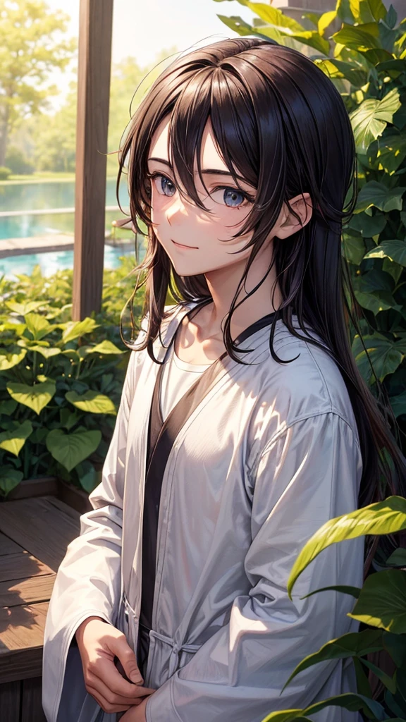 Create an anime-style image of a 30-year-old man with very short dark brown hair. He has small eyes, a large forehead, a round and fuller face with prominent cheeks, and a neatly trimmed beard. His skin is white, and he has a solid, non-skinny build. Importantly, he has a small chin.He is in a selfie pose, with a 50mm camera capturing a close and natural angle. The lighting is soft and diffuse to highlight facial details, using adjustable LED lights or diffused light panels to avoid harsh shadows. The setting is tranquil and symbolic, such as a garden at sunset or a beach at dusk, complementing the contemplative theme of the scene.Position the camera at a slightly elevated angle to capture both the man's and Jesus' faces in a balanced manner. Focus should emphasize the eyes and facial details of both characters, ensuring they are sharp and well-defined in the image.The man should have a natural and casual selfie pose, with a gentle smile of contemplation as he looks towards the horizon. Next to him, Jesus can have a serene expression, also facing the horizon.