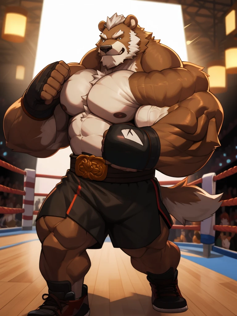 solo, 1boy, Huge Muscular Old Grizzly Bear wearing kickboxing MMA belt , thick pectoral, thick arms, huge pectoral, wide pectoral, hige brown fur, short white hair, Kickboxing MMA shorts, kickboxing MMA gloves and shirtless, bearded, Kickboxing Martial Arts Cage Tournament background, masterpiece, semirealistic:1.2, high detailed, 8k, high resolution
