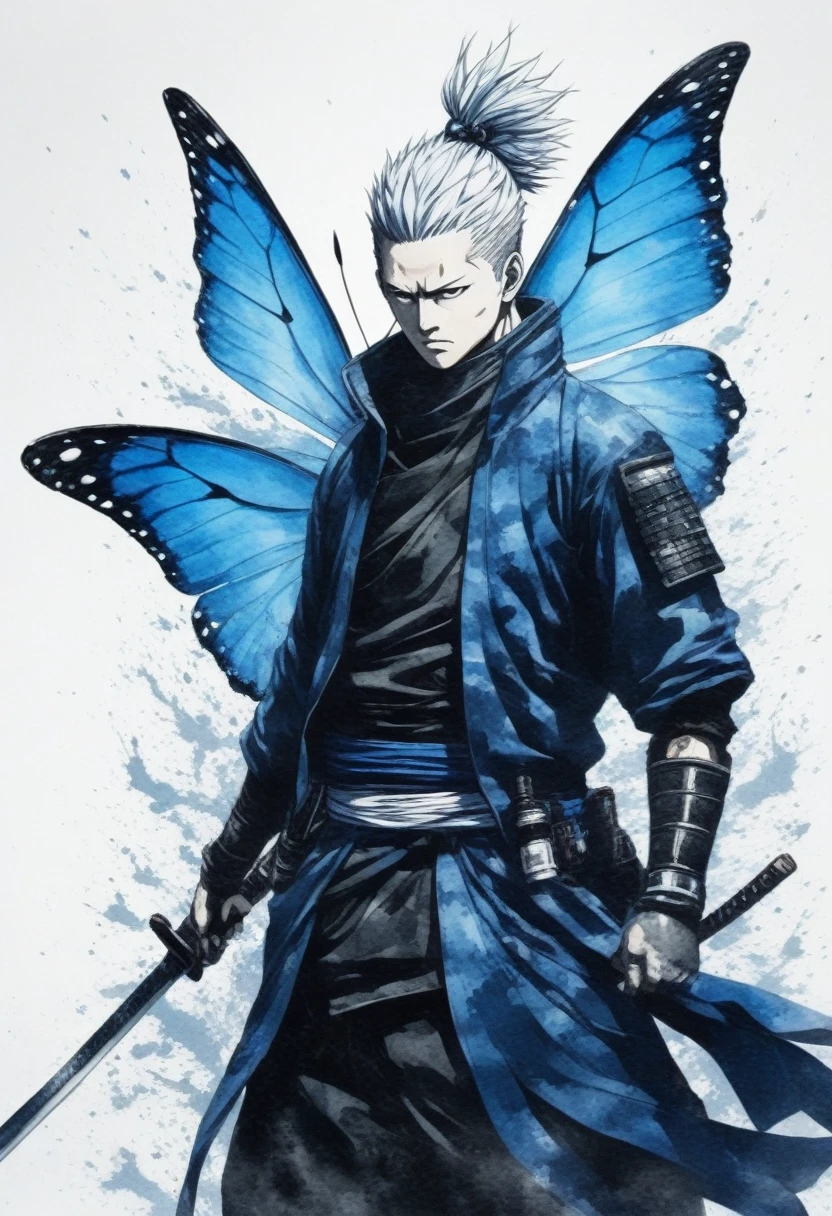 Ink and ink painting,Black and white painting,splash,Beautiful detailed glass hair,Jujutsu Kaisen,Itadori Yuuji,samurai armor,(Blue Butterfly々,Feather powder),