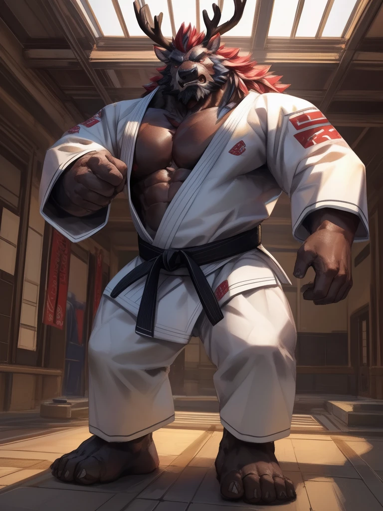 lindong, lucusold, lanxus, a man with a huge muscle, furry deer wearing ((karate uniform:1.2)), dojo, muscular, sixpack, angry, bearded , thicc, lowres, giant and muscular, danbooru and artstation, heavy detailed, insanely inflated hips, proportionally arms, commission for high res, detailed but rough, semirealistic:1.3