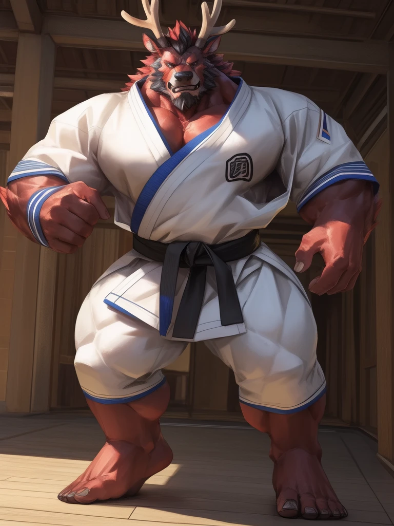 lindong, lucusold, lanxus, a man with a huge muscle, furry deer wearing ((karate uniform:1.2)), dojo, muscular, sixpack, angry, bearded , thicc, lowres, giant and muscular, danbooru and artstation, heavy detailed, insanely inflated hips, proportionally arms, commission for high res, detailed but rough, semirealistic:1.3