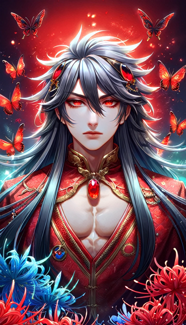 absurdres, highres, ultra detailed, HDR, master piece, best quality, extremely detailed face, delicated features, Xue Yu, untamed spiky hair, black long hair, hair between the eyes, expressive red eyes, Thousand Years War, solo, sexy man, handsome, toned chest, black cape, red robes, accessories, patterns, red sky, red butterflies, red spider lilies, fantasy, magical, radiant, envy magical