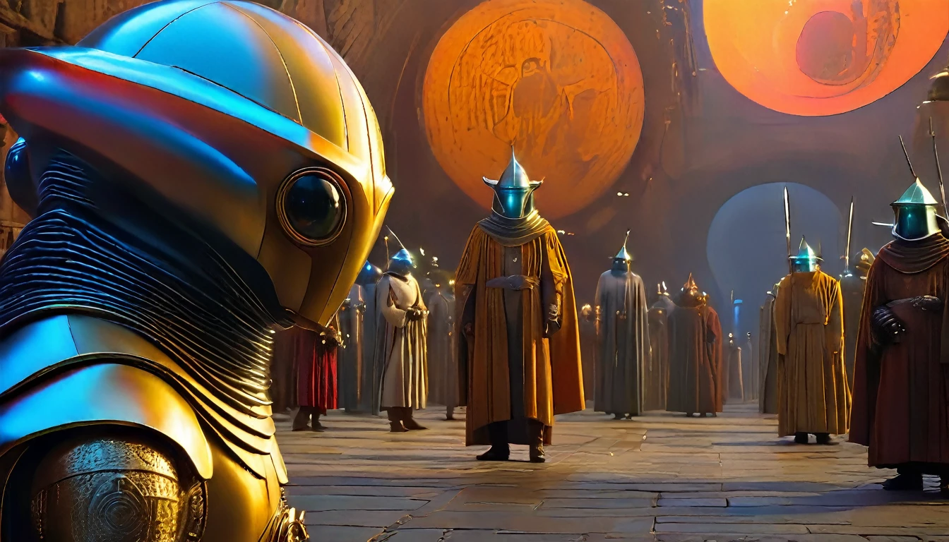 In portrait, characters inspired by the Start Wars universe by Ralph McQuarrie and Dan McPharlin, Wayne Barlowe in a Middle Ages setting, such as peoples interacting with robots, exotic alien beings, inspired by Hieronymus Bosch and Shaun Tan. Directed by George Lucas. ((cinematic film)), ultra detailed, complex, sharp focus, object texture, studio photo, intricate details, highly detailed, Real Photo style, hyper-realistic, high dynamic range, rich colors, realistic textures, 8K uhd , high color depth, Nikon D 850 |, Kodak 400 port, fujifilm XT