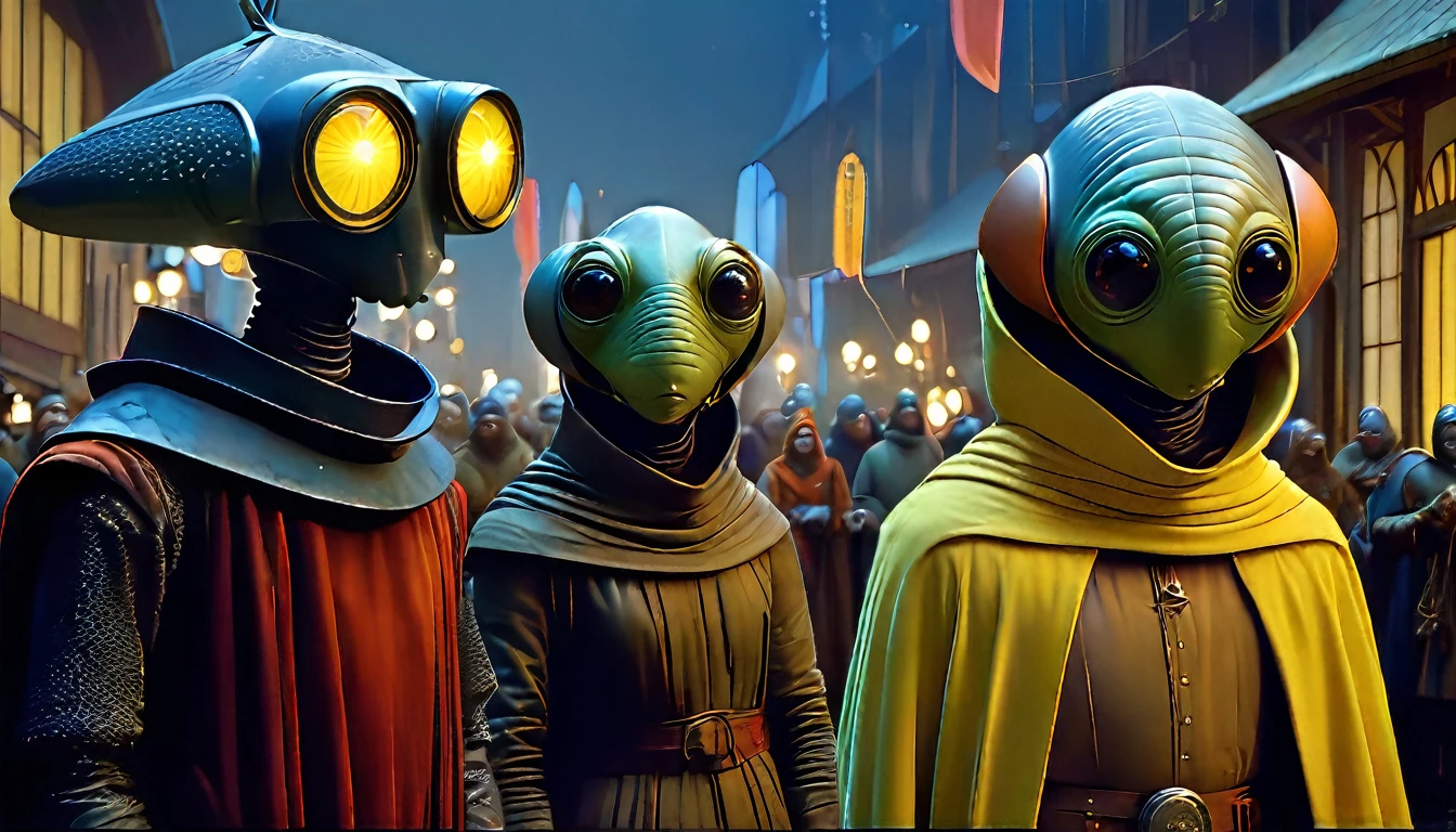 In portrait, characters inspired by the Start Wars universe by Ralph McQuarrie and Dan McPharlin, Wayne Barlowe in a Middle Ages setting, such as peoples interacting with robots, exotic alien beings, inspired by Hieronymus Bosch and Shaun Tan. Directed by George Lucas. ((cinematic film)), ultra detailed, complex, sharp focus, object texture, studio photo, intricate details, highly detailed, Real Photo style, hyper-realistic, high dynamic range, rich colors, realistic textures, 8K uhd , high color depth, Nikon D 850 |, Kodak 400 port, fujifilm XT