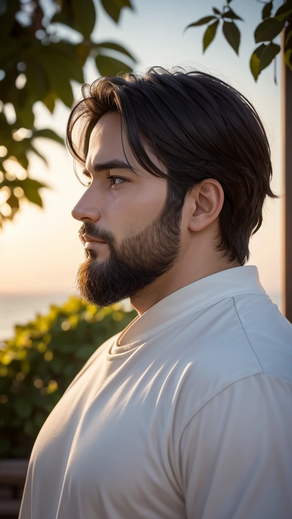Create an anime-style image of a 30-year-old man with very short dark brown hair. He has small eyes, a large forehead, a round and fuller face with prominent cheeks, and a neatly trimmed beard. His skin is white, and he has a solid, non-skinny build. Importantly, he has a small chin.He is in a selfie pose, with a 50mm camera capturing a close and natural angle. The lighting is soft and diffuse to highlight facial details, using adjustable LED lights or diffused light panels to avoid harsh shadows. The setting is tranquil and symbolic, such as a garden at sunset or a beach at dusk, complementing the contemplative theme of the scene.Position the camera at a slightly elevated angle to capture both the man's and Jesus' faces in a balanced manner. Focus should emphasize the eyes and facial details of both characters, ensuring they are sharp and well-defined in the image.The man should have a natural and casual selfie pose, with a gentle smile of contemplation as he looks towards the horizon. Next to him, Jesus can have a serene expression, also facing the horizon.