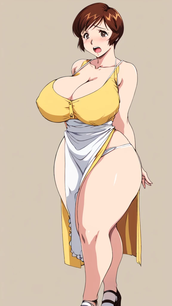 masterpiece, highest quality, High resolution, One girl, solo, sexual intercourse, Pornographic images, short hair, etsukoto, brown Eyes, fine grain, fine grain, (((Thick thighs, Plump thighs, Voluptuous thighs, Thighs alone are enough))), Huge and ample breasts, Cleavage, big long breasts, Naughty big,((big breasts are important))、((Naughty thighs)), L Cup, (thin:1.4),(Tight waist:1.4), (yellow micro dress:1.4), ((white waist apron)), anguish, open mouth, blush, white panties, (((Simple Background))), ((Wide Hips)), Shiny, Oily skin, Mature mother, Calf, Seductive mature woman, milf, Perfect body, Plus Size Model, curvy, ample, etsukoto, blush, clavicle, retro artstyle, 1990s (style), (thick thighs:1.4), Bare legs, ((arms behind back)), (from side:0.7), full body,