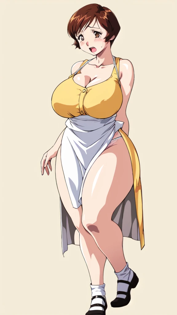 masterpiece, highest quality, High resolution, One girl, solo, sexual intercourse, Pornographic images, short hair, etsukoto, brown Eyes, fine grain, fine grain, (((Thick thighs, Plump thighs, Voluptuous thighs, Thighs alone are enough))), Huge and ample breasts, Cleavage, big long breasts, Naughty big,((big breasts are important))、((Naughty thighs)), L Cup, (thin:1.4),(Tight waist:1.4),  (yellow micro dress:1.4), ((white waist apron)), anguish, open mouth, blush, white panties,  (((Simple Background))), ((Wide Hips)), Shiny, Oily skin, Mature mother, Calf, Seductive mature woman, milf, Perfect body, Plus Size Model, curvy, ample, etsukoto, blush, clavicle, retro artstyle, 1990s (style), (thick thighs:1.4), Bare legs, ((arms behind back)), (from side:0.7), full body,