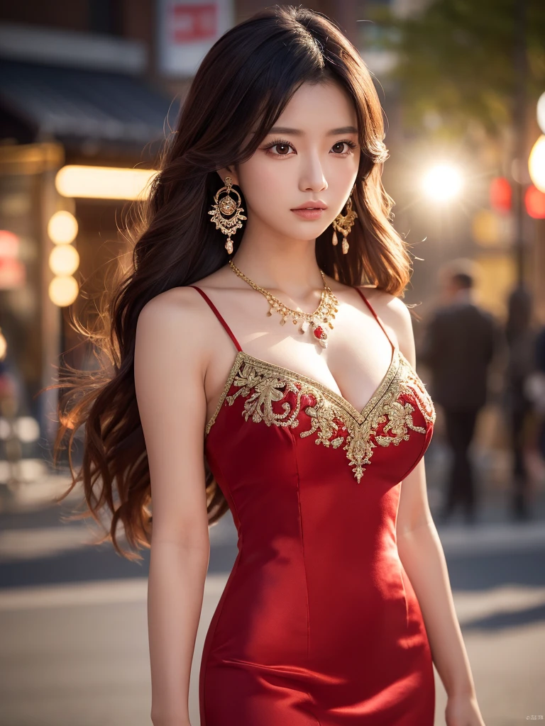 1 female, Beautiful Japanese actresses, Age 25, Double Eye,mile, Detailed face, Big earrings,Large Necklace, Flashy makeup using red eyeshadow,light brown delicate middle cut hair,The tips of the hair are wavy,Classy hairstyle,Fine grain,Slender actress, Large breasts, valley, Small hips, Side Bust Barbosa), Sexy silk embroidered mermaid dress:1.2), break long black hair, BREAK ceremony, Red carpet, Official Art,Highly detailed CG Unity 8k wallpaper, (masterpiece:1.0),(highest quality:1.0), photo shoot, 8k, Browsing Caution, High resolution, Kodak Portrait 400, Film Grain, Lens flare brilliance,Show Viewer, View from the front