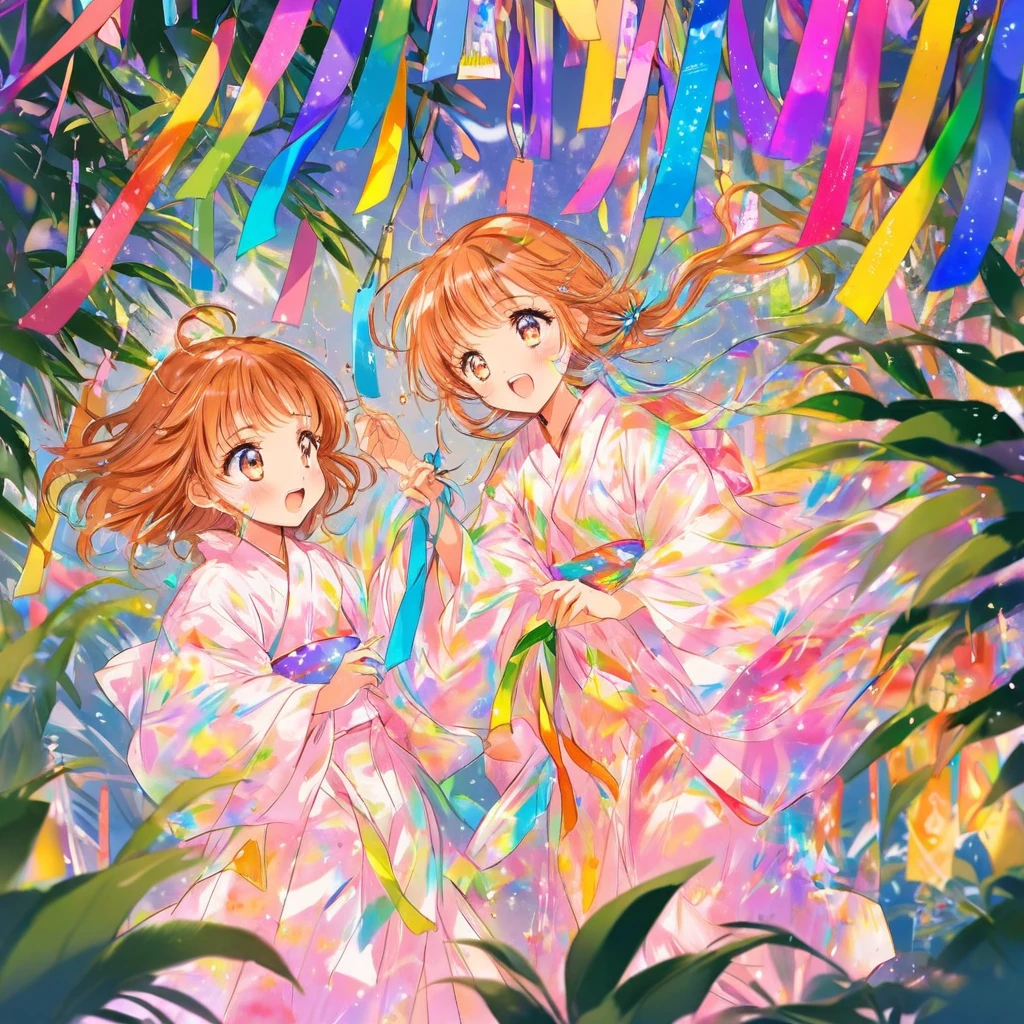 大きな花を見つめるTwo people, Two people, Tanabata, Paper, Bamboo Leaves, wishes on Paper, Grilling in a yukata, fluid, Particles of light, dream-like, Sparkling, dream-like shine, Drops of paint, Oil , strong stroke, Paint Drop, splash Paint Drop, Oil, (Abstract: 1.2) Consists of girls (Tanabata light tracing: 1.25), (Change to synchrotron radiation tracing) Style Tanabata summer festival, Orihime, fair, Summer festival, Rainbow colors, 16K, Ultra-high resolution, to be born, wonderful, future, Rainbow colors, The world 30 years from now.