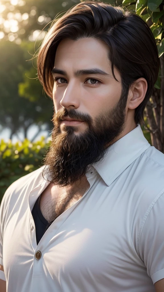Create an anime-style image of a 35-year-old man with very short dark brown hair. He has small eyes, a large forehead, a round and fuller face with prominent cheeks, and a neatly trimmed beard. His skin is white, and he has a solid, non-skinny build. Importantly, he has a small chin.He is in a selfie pose, with a 50mm camera capturing a close and natural angle. The lighting is soft and diffuse to highlight facial details, using adjustable LED lights or diffused light panels to avoid harsh shadows. The setting is tranquil and symbolic, such as a garden at sunset or a beach at dusk, complementing the contemplative theme of the scene.Position the camera at a slightly elevated angle to capture both the man's and Jesus' faces in a balanced manner. Focus should emphasize the eyes and facial details of both characters, ensuring they are sharp and well-defined in the image.The man should have a natural and casual selfie pose, with a gentle smile of contemplation as he looks towards the horizon. Next to him, Jesus can have a serene expression, also facing the horizon.