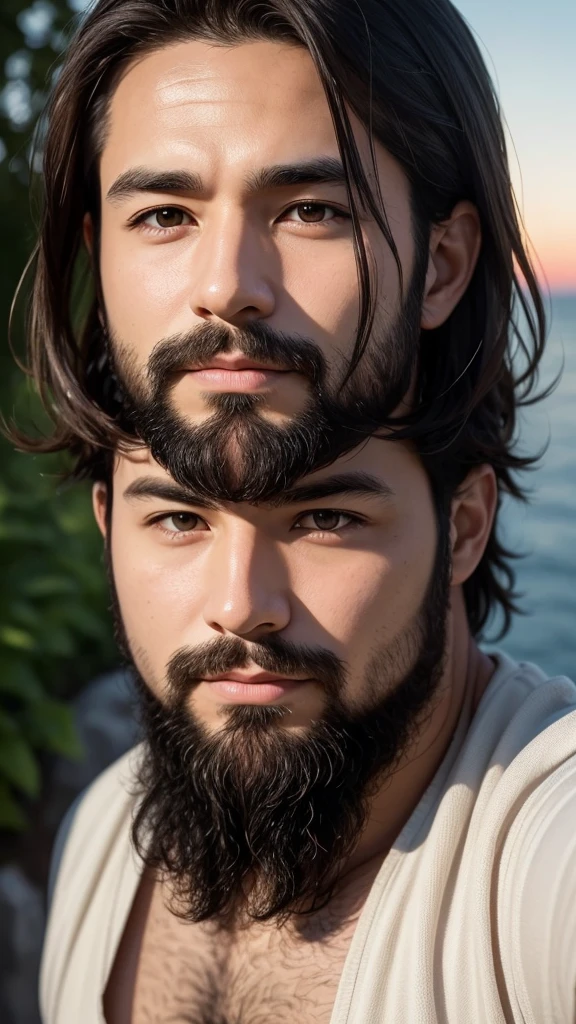 Create an anime-style image of a 35-year-old man with very short dark brown hair. He has small eyes, a large forehead, a round and fuller face with prominent cheeks, and a neatly trimmed beard. His skin is white, and he has a solid, non-skinny build. Importantly, he has a small chin.He is in a selfie pose, with a 50mm camera capturing a close and natural angle. The lighting is soft and diffuse to highlight facial details, using adjustable LED lights or diffused light panels to avoid harsh shadows. The setting is tranquil and symbolic, such as a garden at sunset or a beach at dusk, complementing the contemplative theme of the scene.Position the camera at a slightly elevated angle to capture both the man's and Jesus' faces in a balanced manner. Focus should emphasize the eyes and facial details of both characters, ensuring they are sharp and well-defined in the image.The man should have a natural and casual selfie pose, with a gentle smile of contemplation as he looks towards the horizon. Next to him, Jesus can have a serene expression, also facing the horizon.