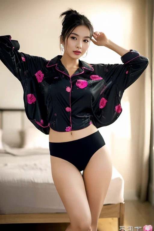 top Quority,Ultra-clear resolution, ((Beautiful Chinese aunt). Body. Sexy. Slim. Thin. Captivating. Natural face. No lipstick. Messy Bun. ( no Earrings-Earrings).
((Micro panties)), ((breasted button-up. Black pajama sleep shirt)), long legs_full body. Pose.erotic. sit down. On bed