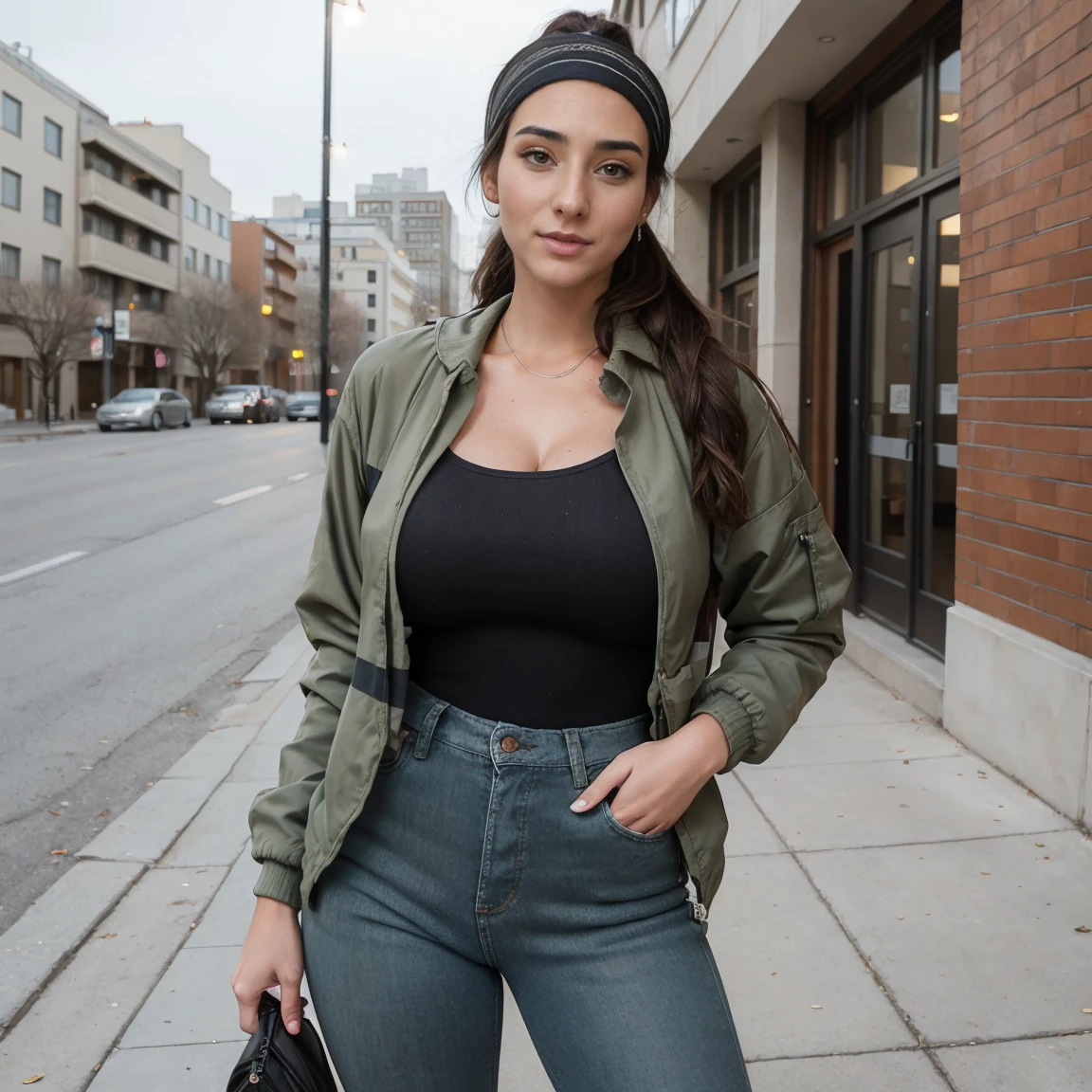 Extremely busty thin and toned brunette photographer, college girl, fair skin, loose ponytail, soft face, athletic, bandana babushka headwrap, tight olive green casual windbreaker, skinny jeans. standing in front of her apartment building, outdoors, city, camera bag, cleavage 
