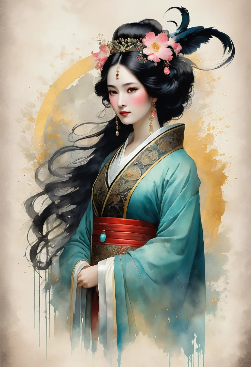 (full body:1.8), portrait of a beautiful empress, imposing look, strong pose, porcelain skin, long black hair, ornate traditional robe, Harrison Fisher and Catrin Welz-Stein art style, vivid colors, highly detailed, cinematic lighting, dramatic pose, elegant, graceful, regal, intricate details, masterpiece, photorealistic, 8k, best quality