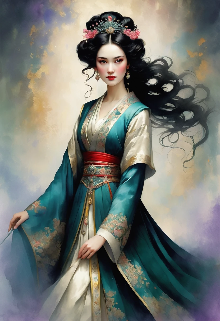(full body:1.8), portrait of a beautiful empress, imposing look, strong pose, porcelain skin, long black hair, ornate traditional robe, Harrison Fisher and Catrin Welz-Stein art style, vivid colors, highly detailed, cinematic lighting, dramatic pose, elegant, graceful, regal, intricate details, masterpiece, photorealistic, 8k, best quality