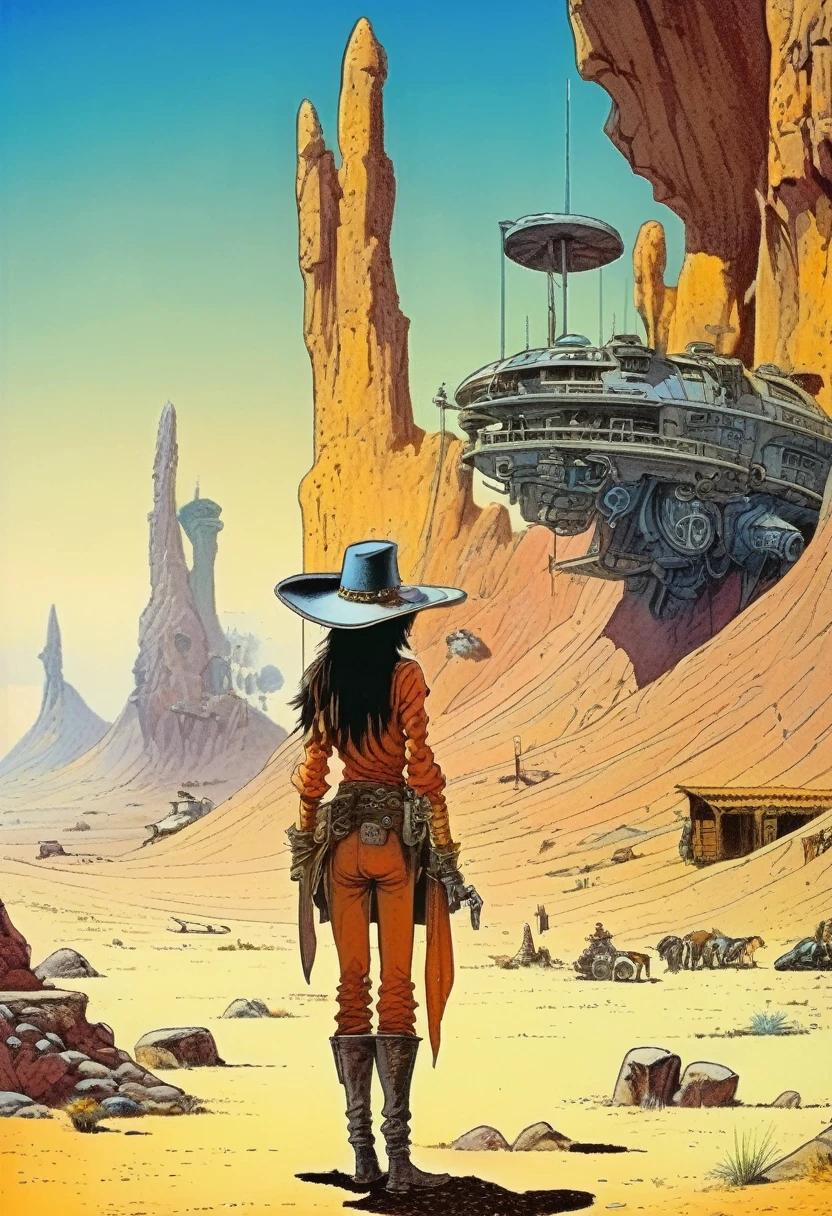 Mobis (Jean Giraud) Style - A picture by Jean Giraud Mobis, 图中显示的是一个机器头盔女孩美丽的脸部特写 western backdrop in Mobis' signature style with sharp detailing and vibrant colors. Shot with Panavision Panaflex Gold II and Ultra Panavision 70 lenses, The image is full of film grain and low-key lighting，It creates a mysterious and tense atmosphere.