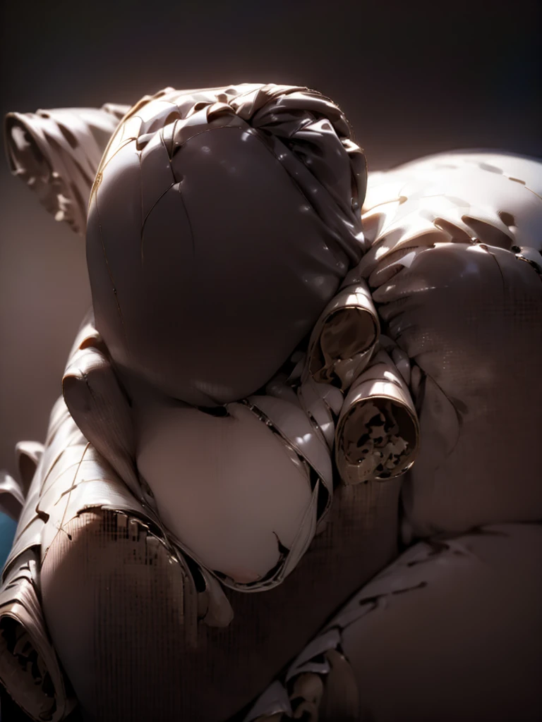 Girl in cow onesie wrapped up in plastic Wrap struggling with hands by there side able to see from head to toe
