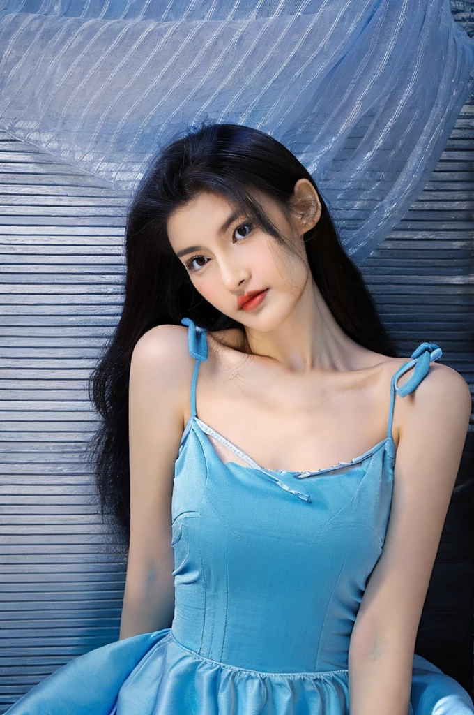 girl with a perfect figure and blue designer dress,long hair, high contrast (Natural skin texture, Hyperrealism, Soft Ligh, sharp)